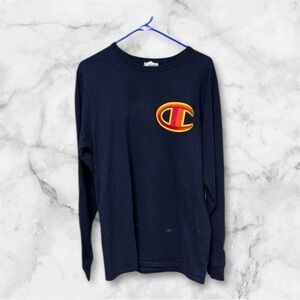 Champion vintage Navy Long Sleeve with large Red and Yellow Logo sz Large